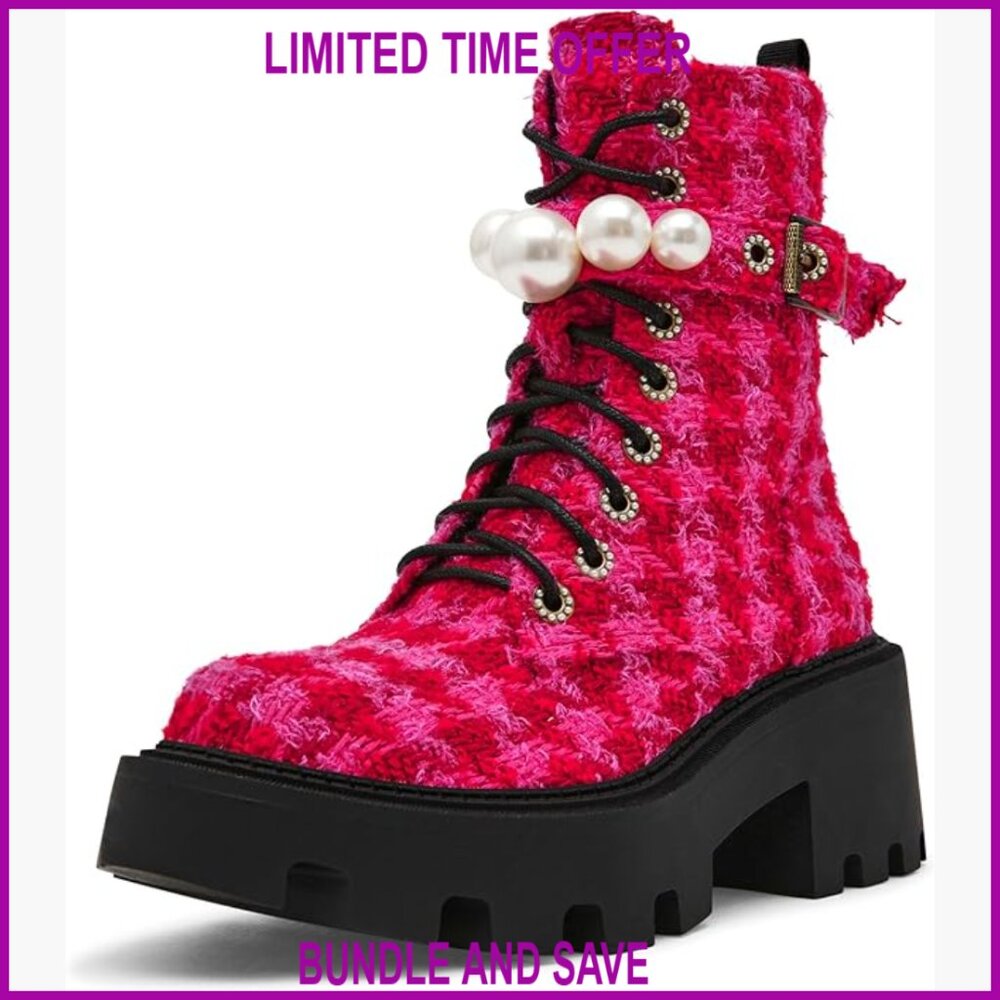 Platform Combat Boots with Pearl Detail, Lace-Up Ankle Boots